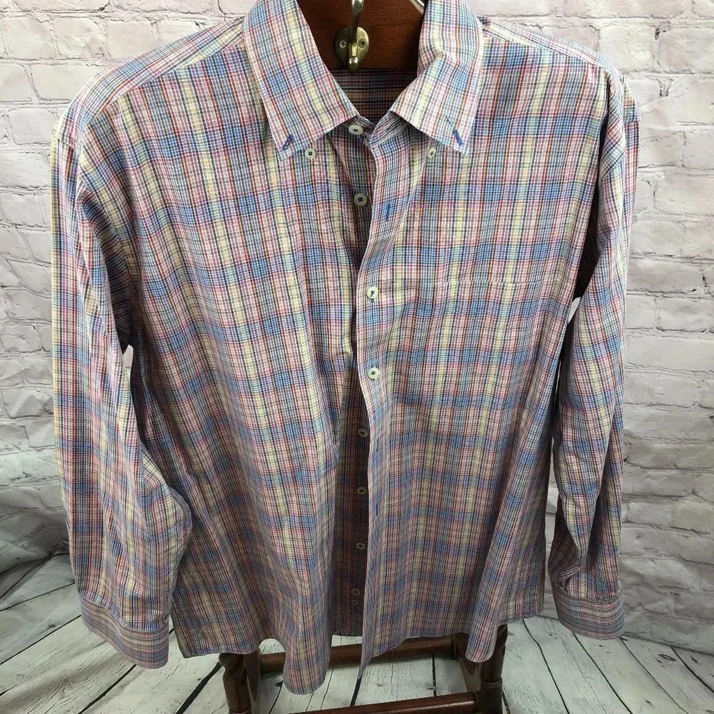 alan flusser bright plaid button down shirt size large